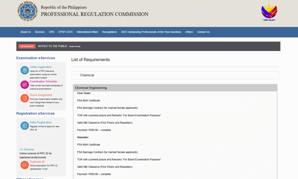Chemical Engineering Board exam Application Requirements