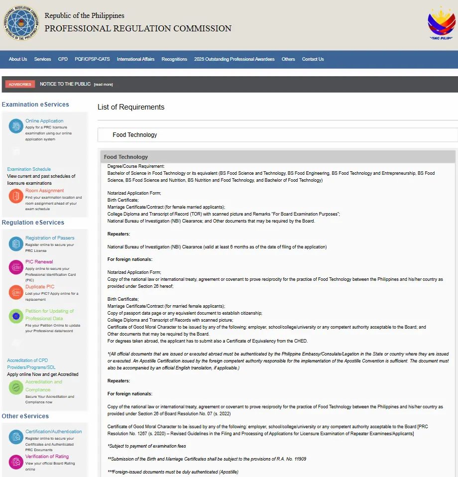 Food Technologist Board Exam Application Requirements