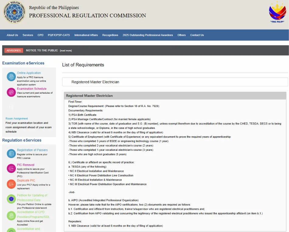 Registered Master Electrician Board Exam Application Requirements