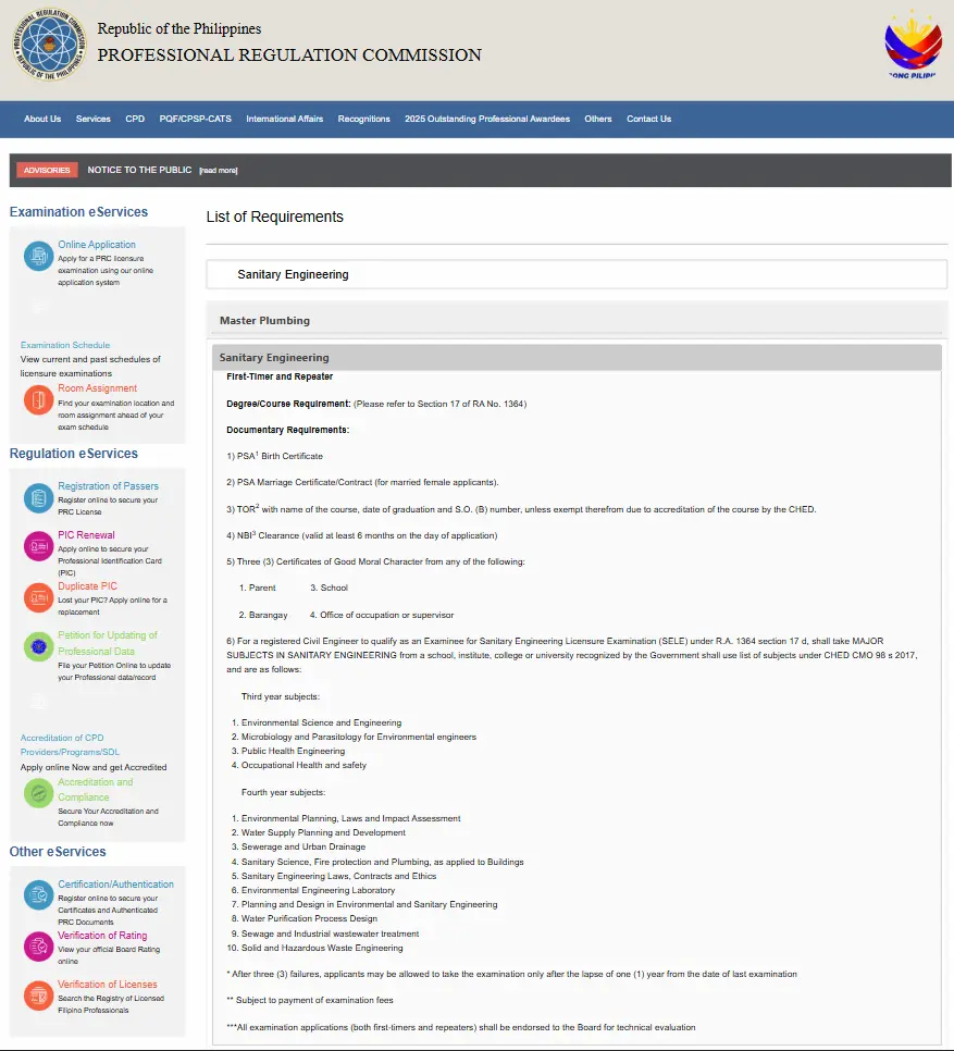 Sanitary Engineer Board Exam Application Requirements